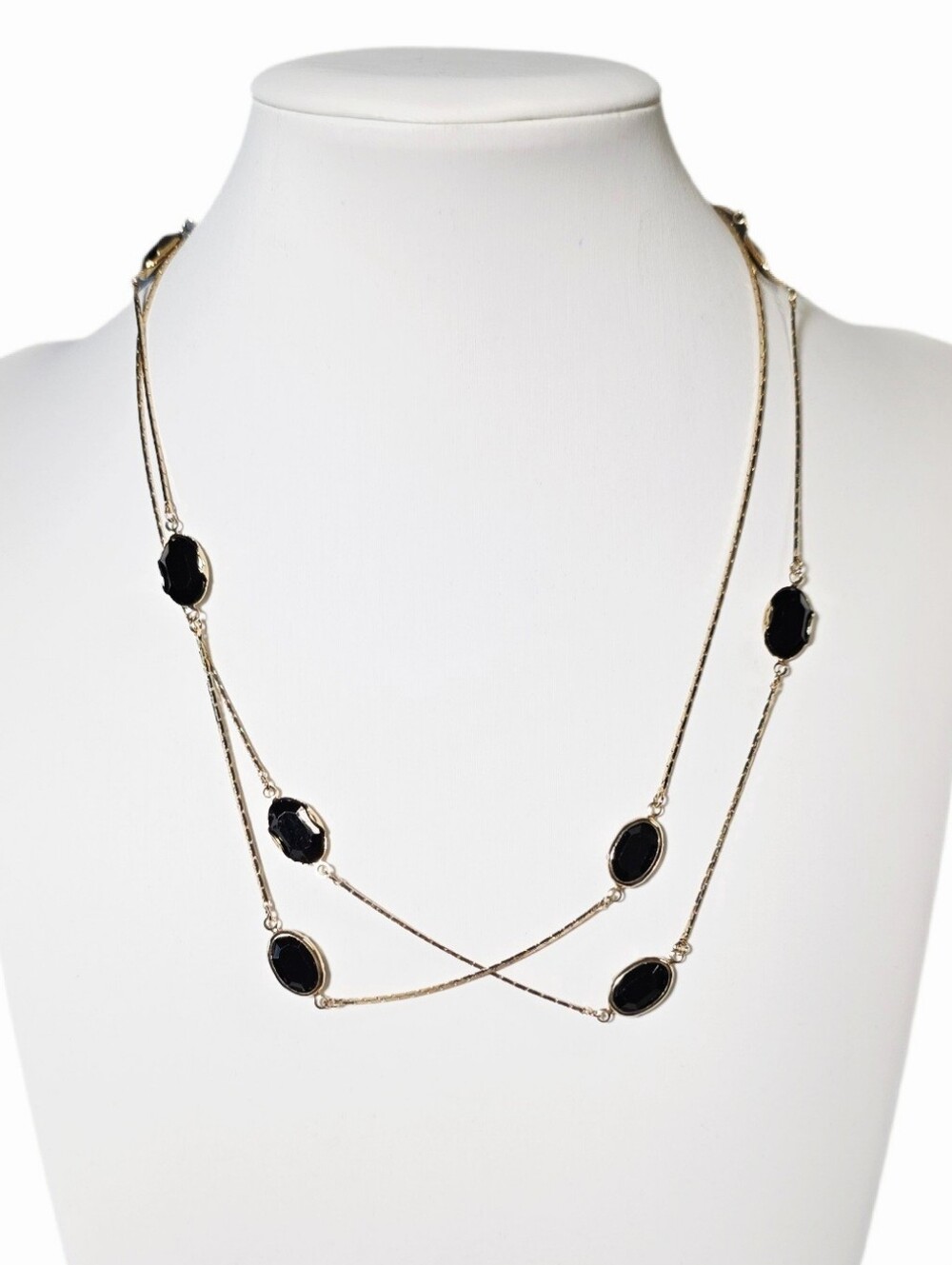 Black Faceted Rhinestone Gold-Tone Long Necklace - Like New!